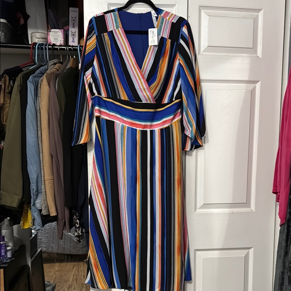 NY Collection Blue and Pink Wrap Sundress with Flutter Sleeves